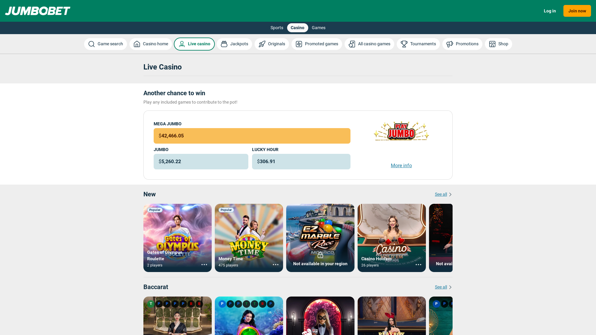 Captura de pantalla de LiveDealers del casino JumboBet