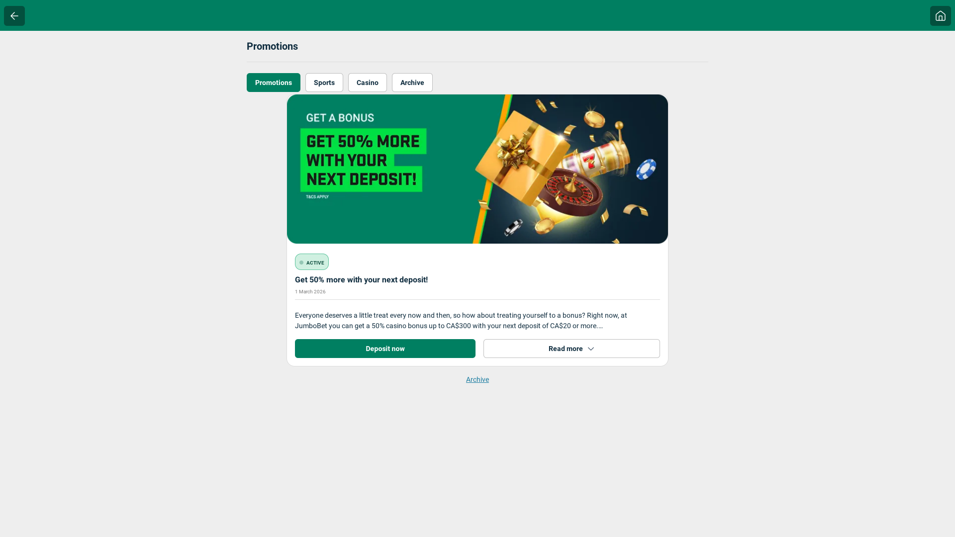Captura de pantalla de las promociones del casino JumboBet