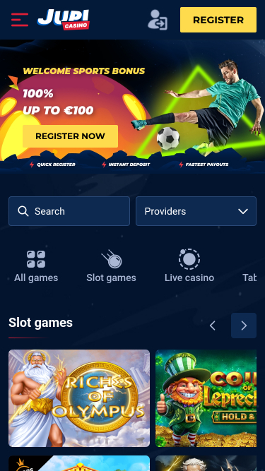 Page d'accueil mobile de Jupi Casino