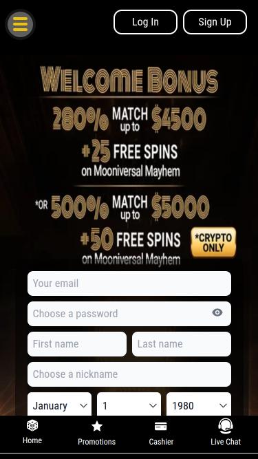 Página de inicio móvil del Jupiter Club Casino