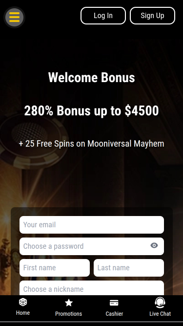 Page d'accueil mobile du casino Jupiter Club