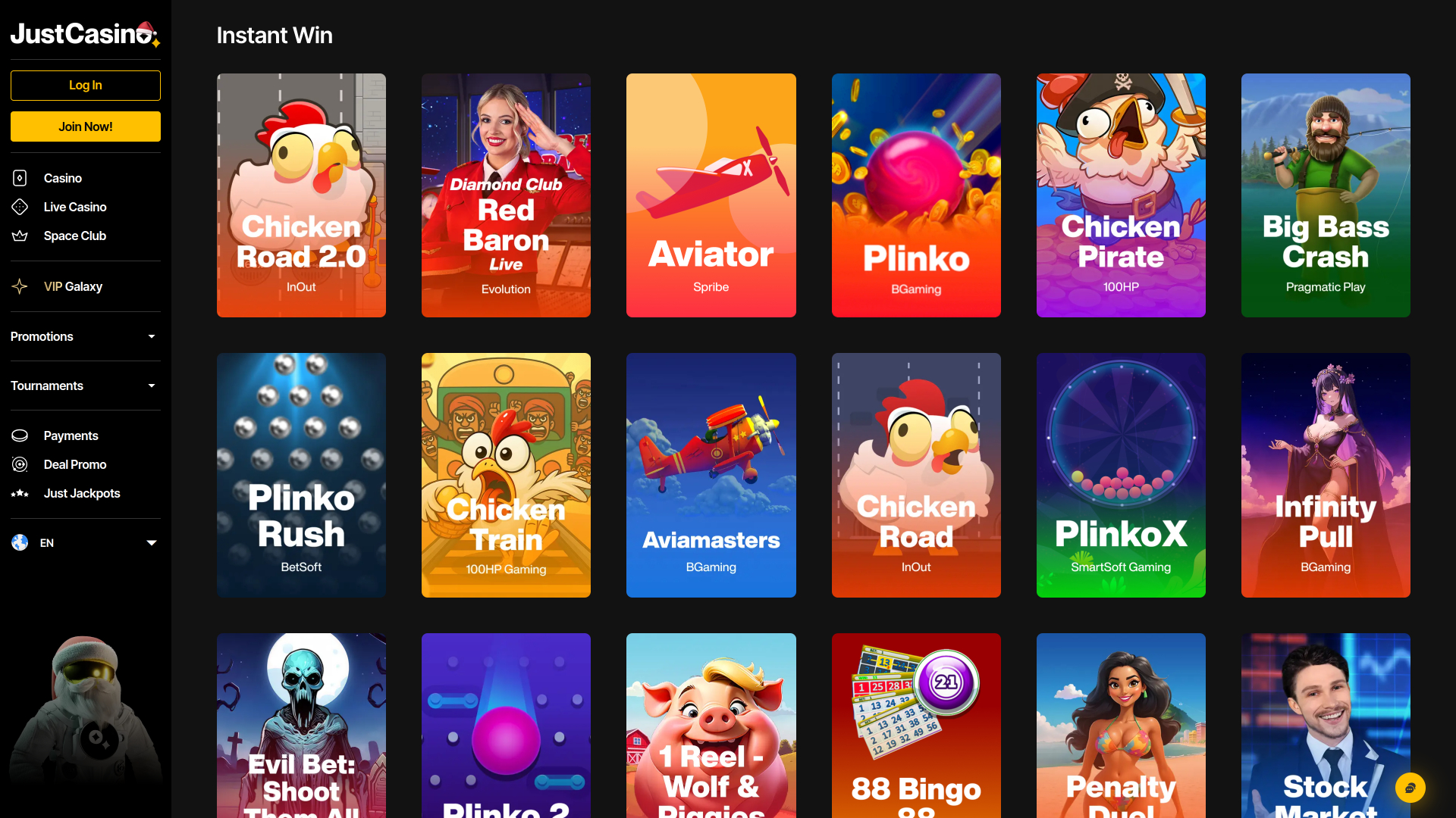 JustCasino Desktop Gain instantané