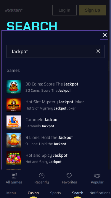 JustBit Casino Mobile jackpot