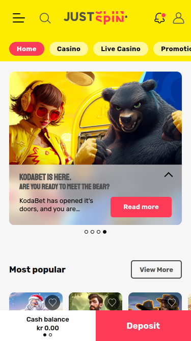 Page d'accueil mobile du casino Justspin