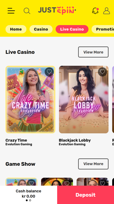 Casino mobile Justspin avec croupier en direct