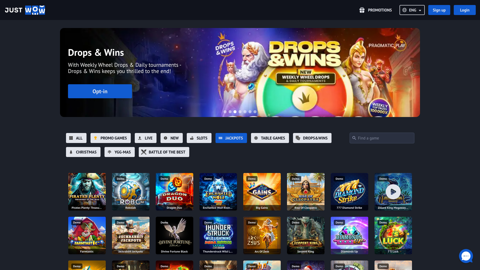 Jackpot desktop del casinò JustWOW