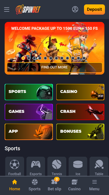 Página de inicio móvil del casino JVSPINBET