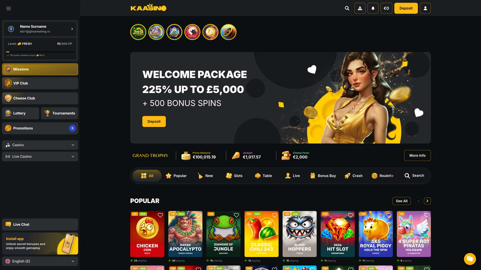 Kaasino Casino Desktop-Startseite