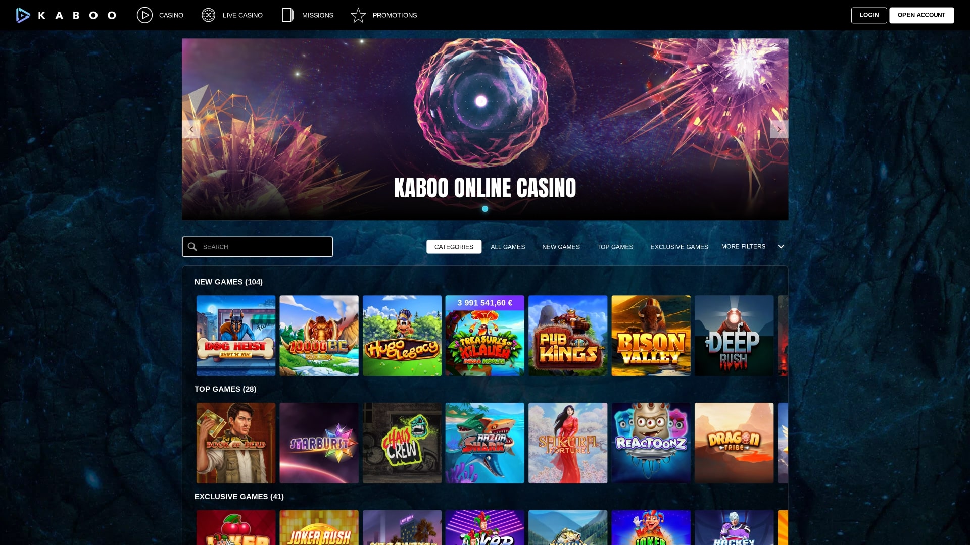 Page d’accueil du Kaboo Casino Bureau