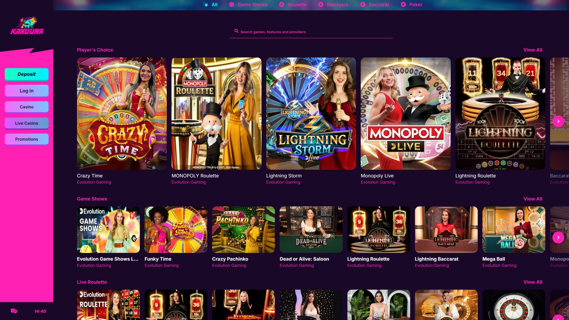 Casino Kanuuna con crupier en vivo para escritorio