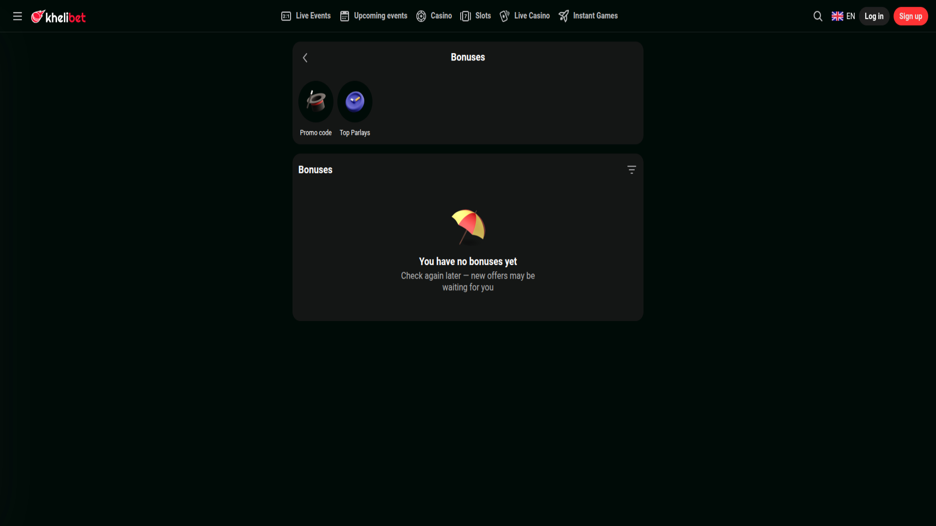 Captura de pantalla de promociones de Kheli Bet para escritorio