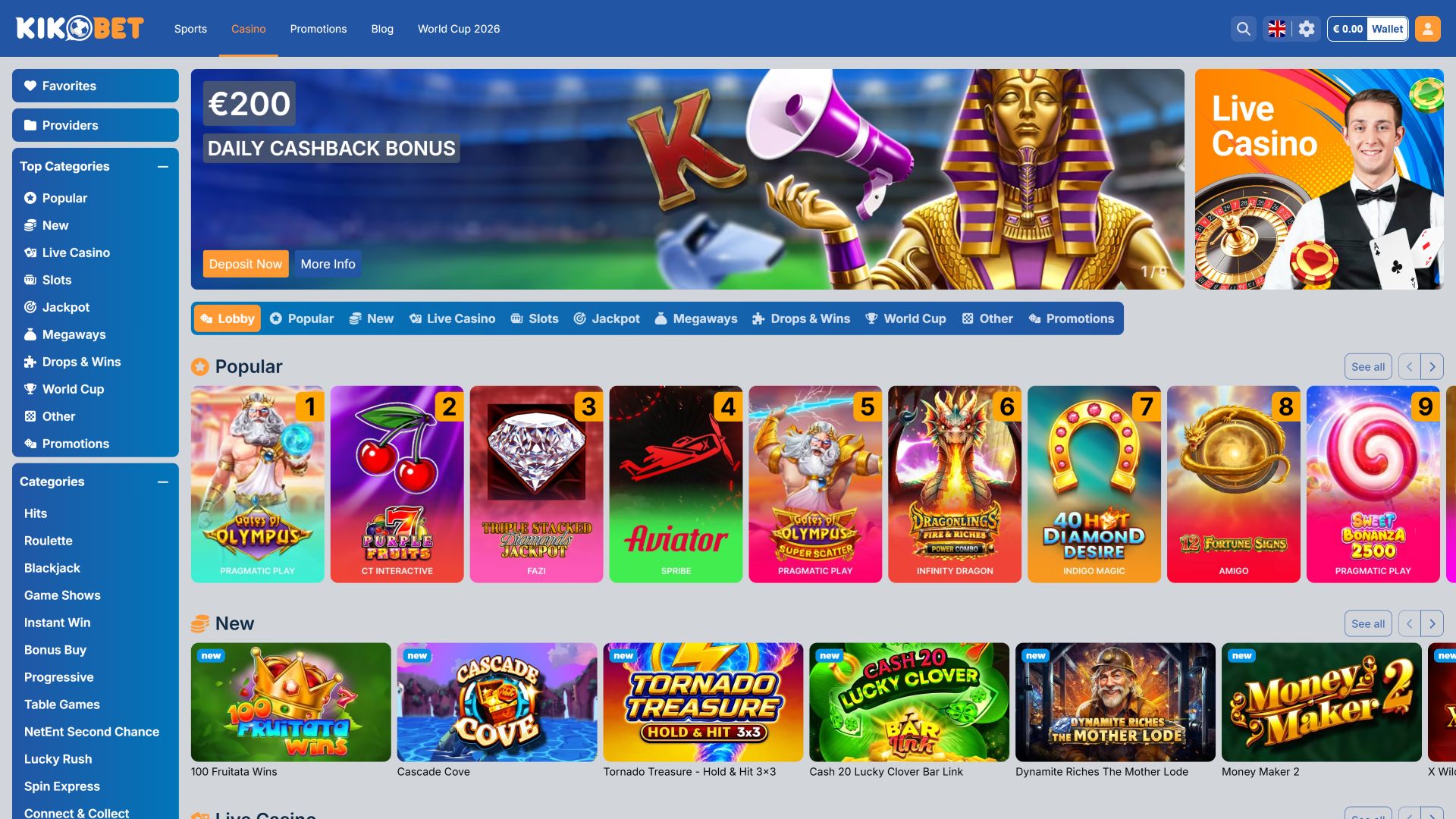 Kikobet Casino Desktop Homepage