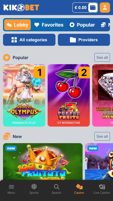 Kikobet Casino Mobile Homepage