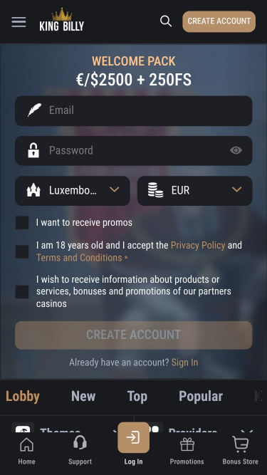 Page d’accueil du King Billy Casino Mobile