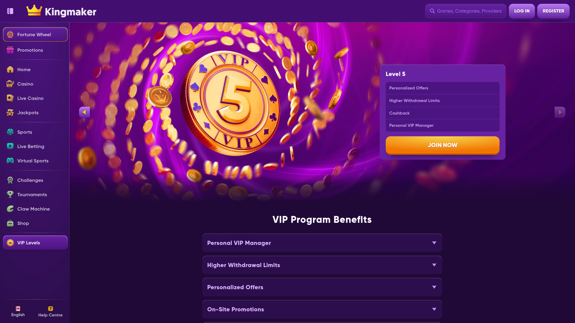 Programme VIP pour ordinateur de bureau du casino Kingmaker