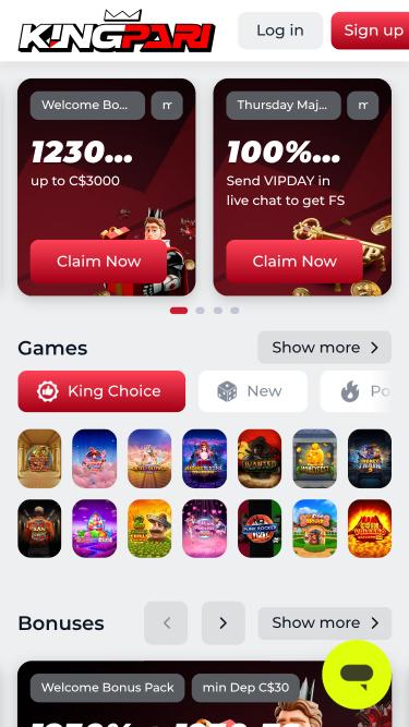 KingPari Casino mobile homepage