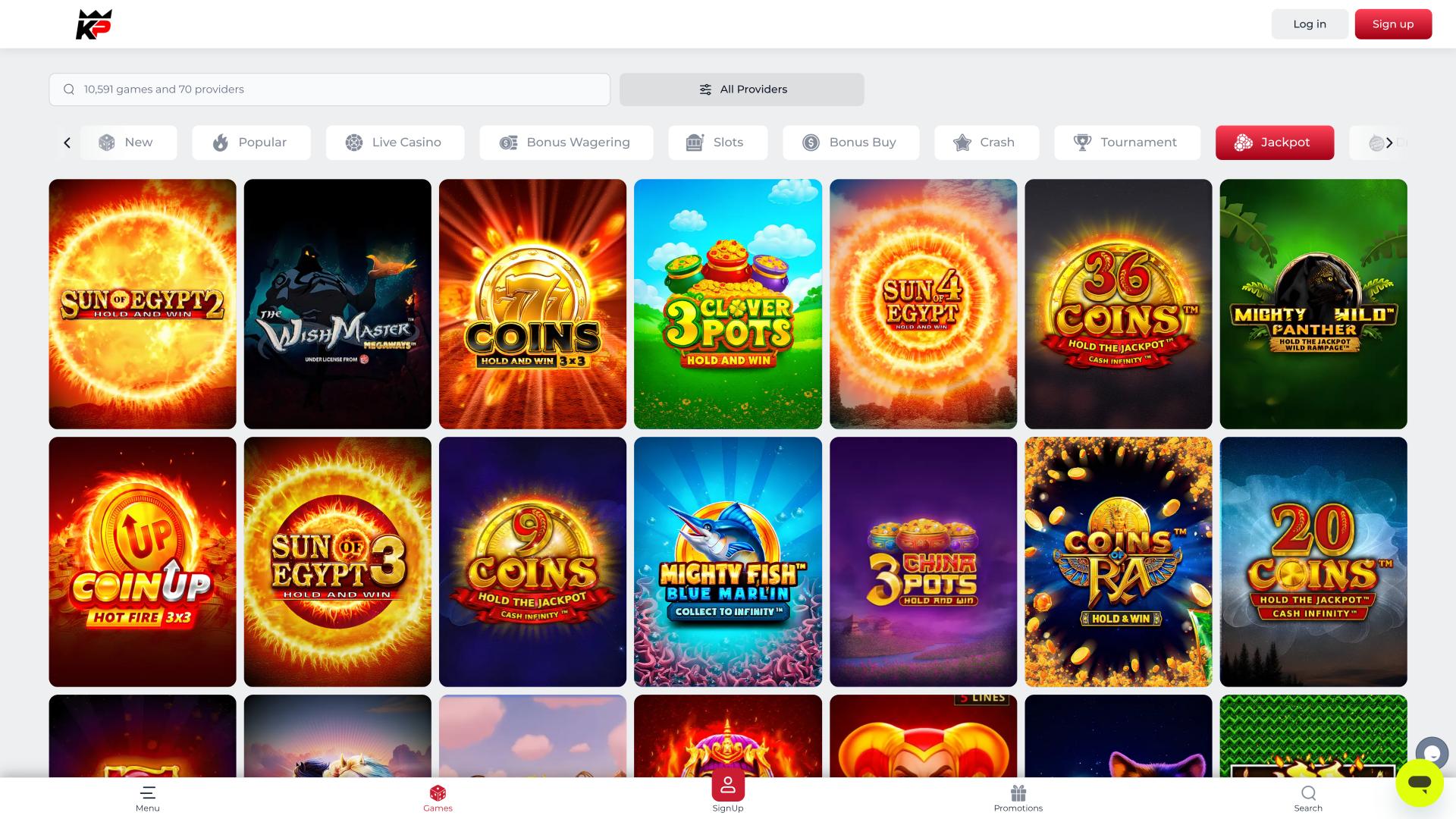KingPari Casino jackpot page
