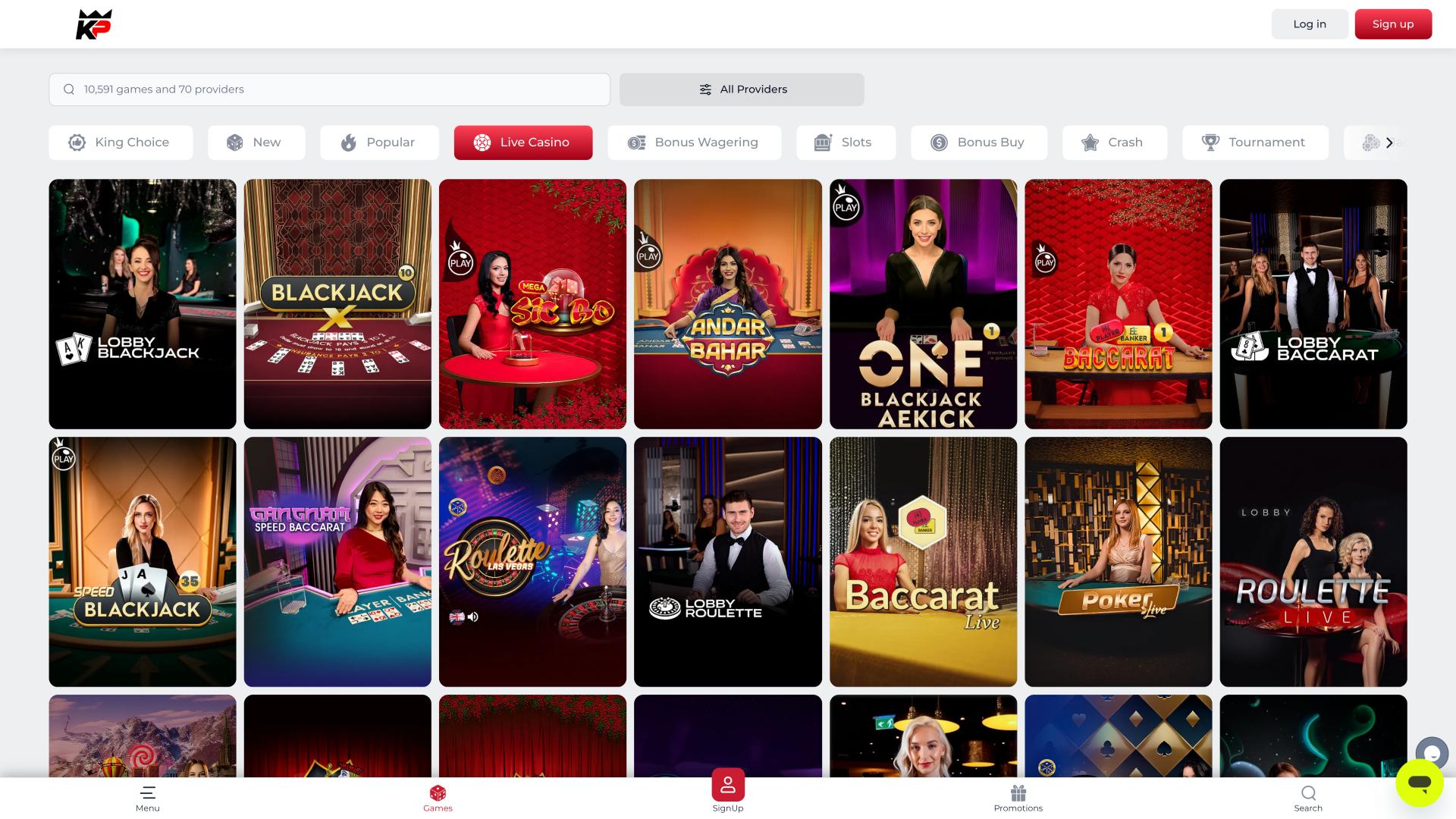 KingPari Casino live dealer page