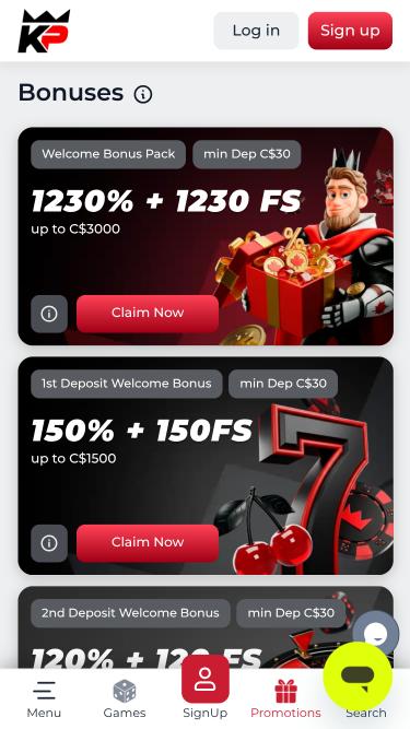 KingPari Casino promotions mobile page
