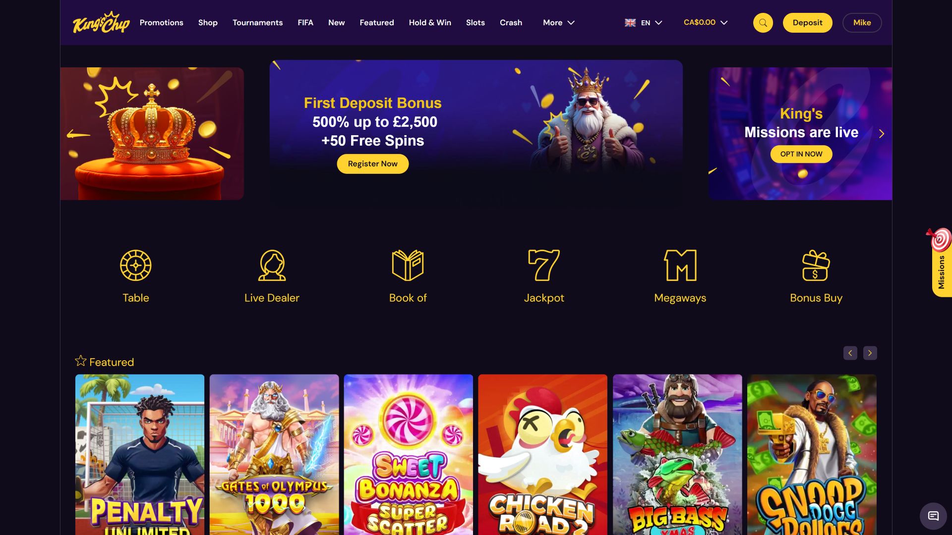 Page d'accueil du casino King's Chip (ordinateur de bureau)
