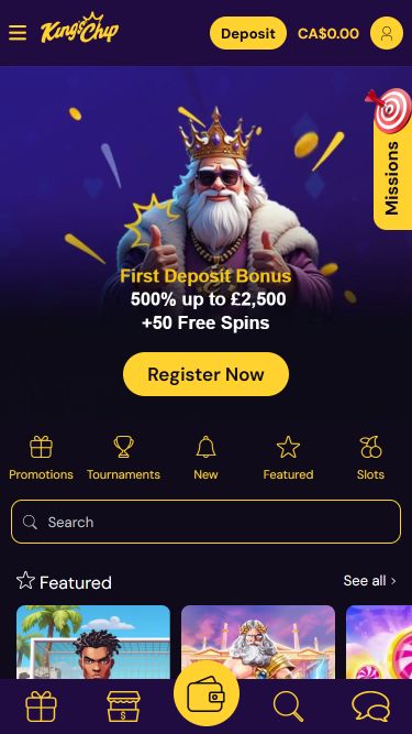Page d'accueil mobile de King's Chip Casino