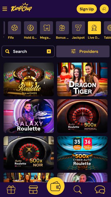 Casino mobile King's Chip avec croupier en direct