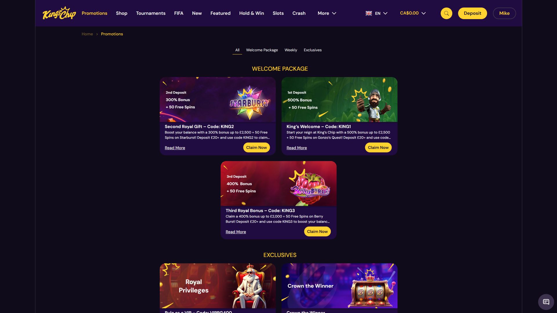 Promotions sur ordinateur de King's Chip Casino
