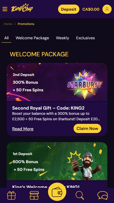 Promotions mobiles du casino King's Chip