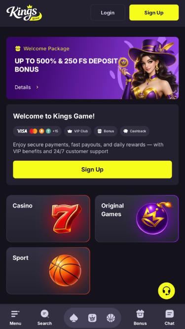 Page d'accueil mobile de Kings Game Casino