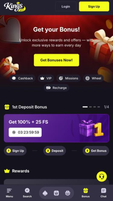 Page mobile des promotions de Kings Game Casino