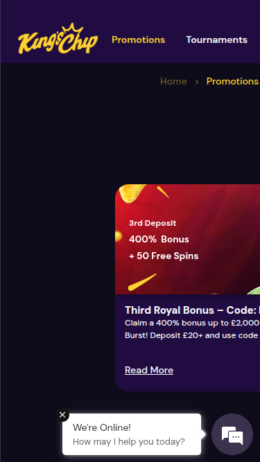 Screenshot delle promozioni di King's Chip Casino per dispositivi mobili