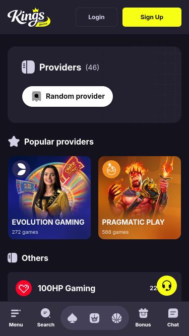 Page mobile des développeurs de jeux de casino Kings Game