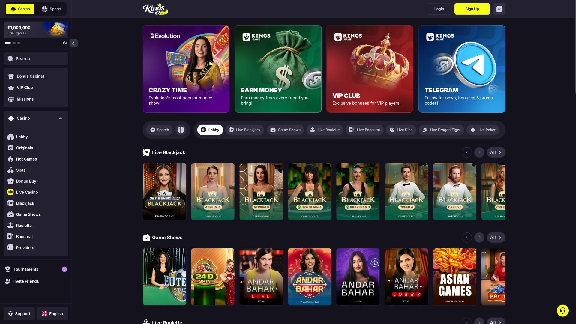 Page de croupier en direct de Kings Game Casino