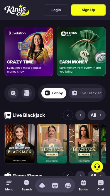 Page mobile du casino Kings Game avec croupiers en direct