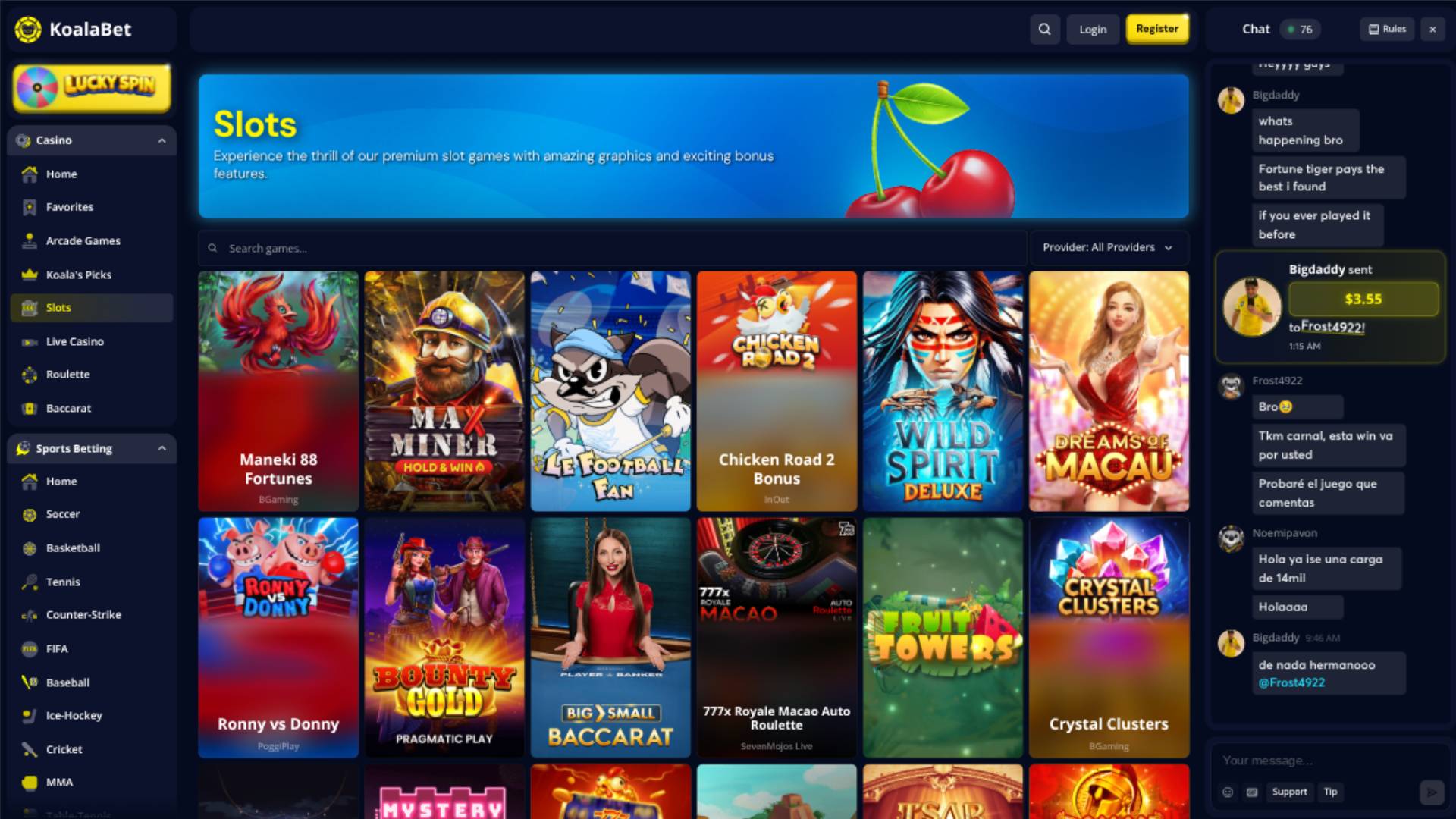 Captura de pantalla de la página de juegos de Koalabet Casino