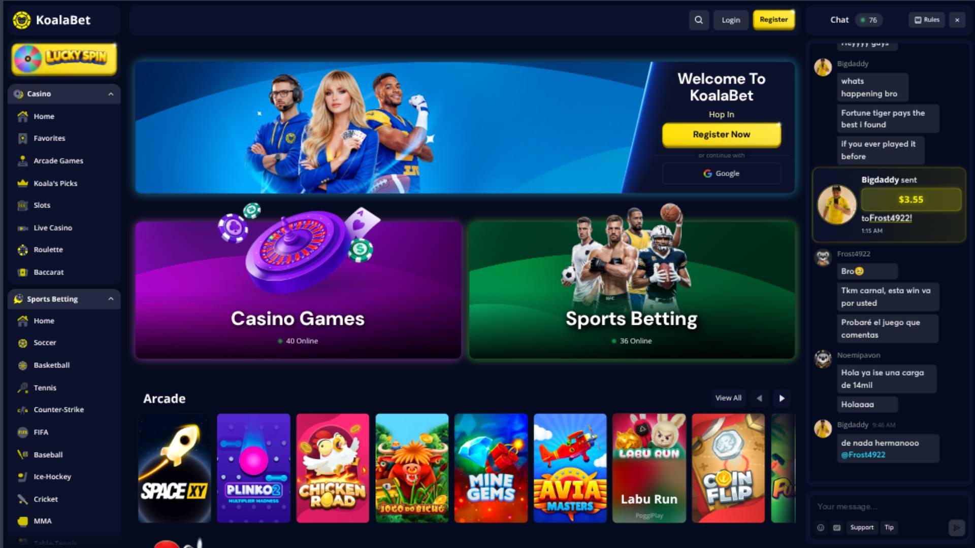 Captura de pantalla de la página principal del casino Koalabet