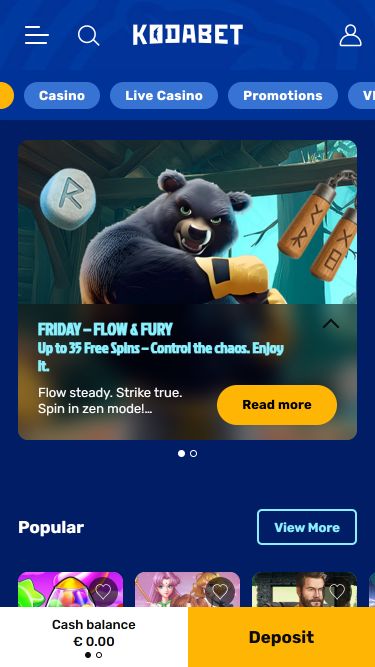 Página de inicio móvil de KodaBet Casino
