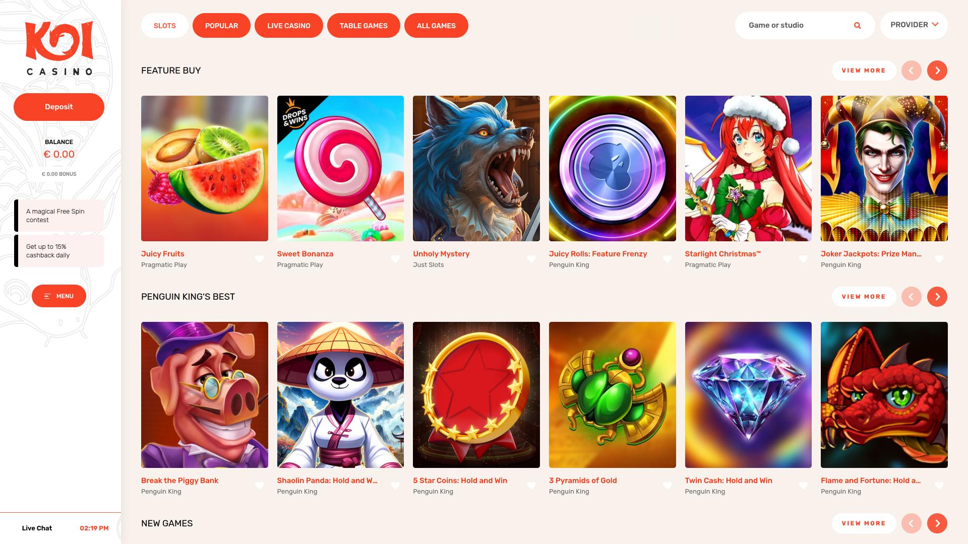 Koi Casino Desktop-Spiele