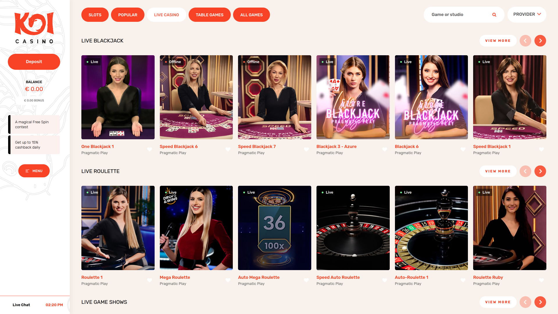 Koi Casino Desktop Live-Dealer