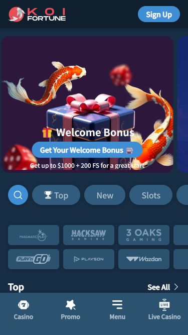 Page d'accueil mobile du casino KoiFortune