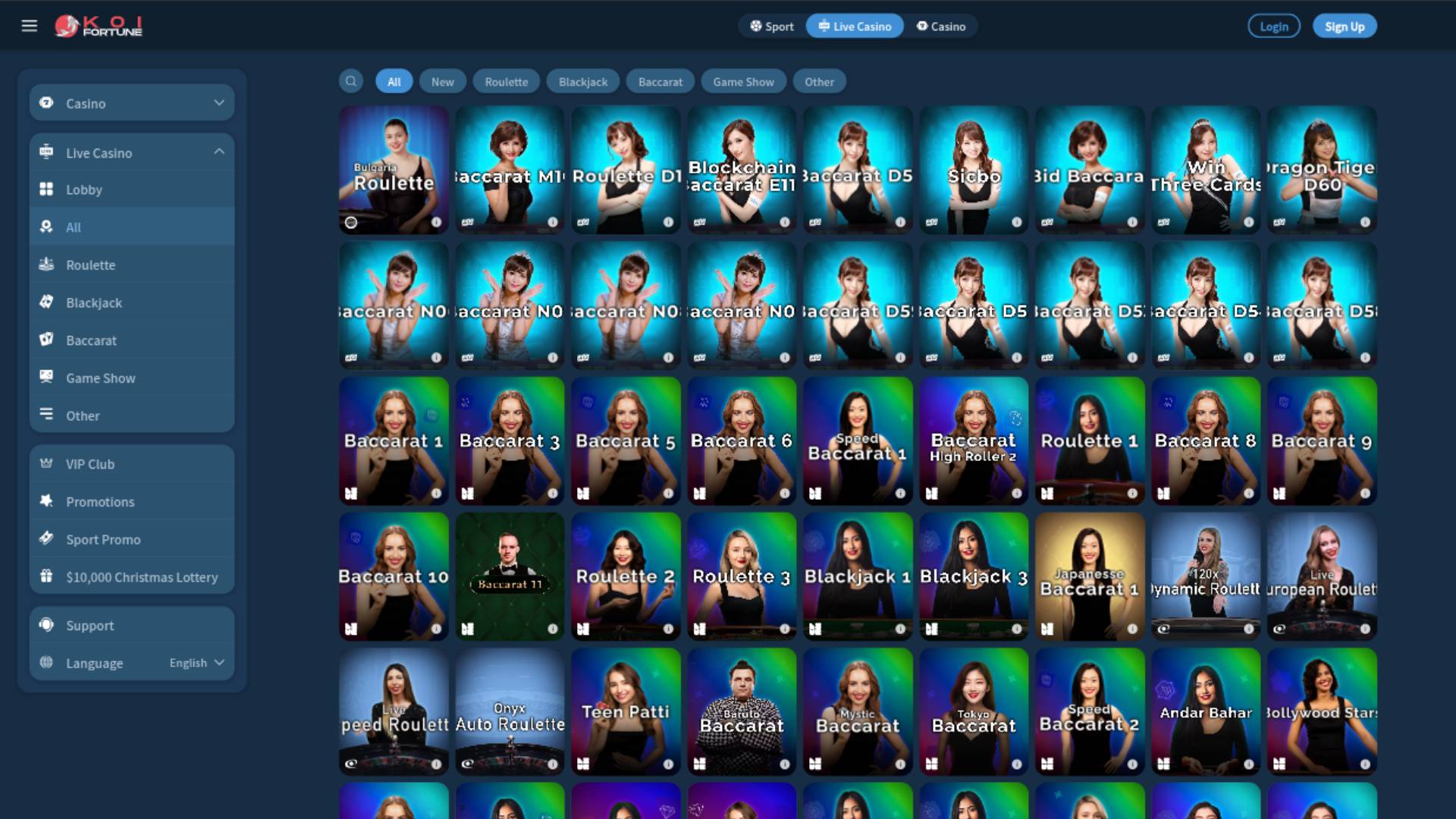 Скриншот страницы игр с живыми дилерами в казино KoiFortune.