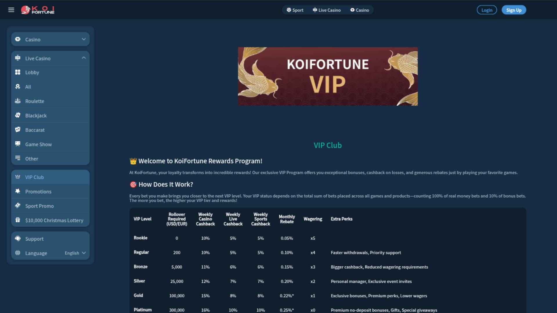 Скриншот VIP-страницы казино KoiFortune