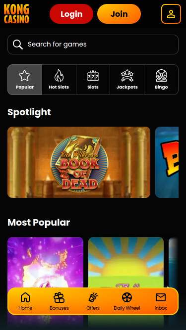 Page d'accueil mobile de Kong Casino