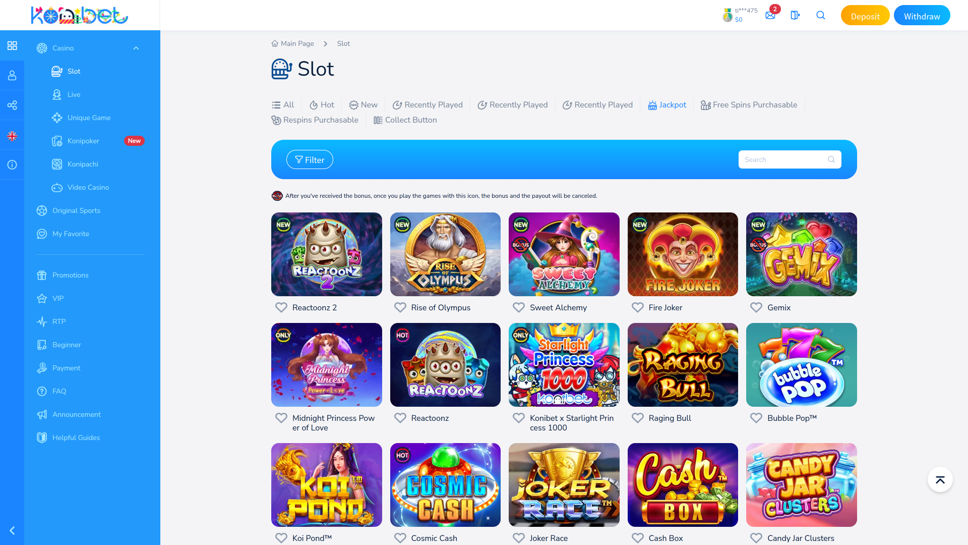 Jackpot de bureau du casino Konibet