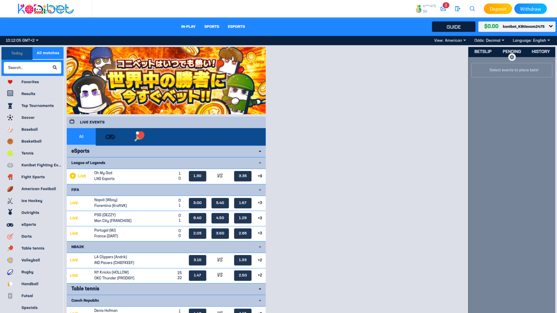 Konibet Casino Sports sur ordinateur