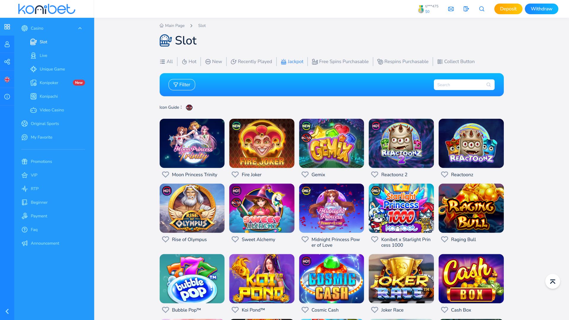 Konibet Casino Desktop Jackpot
