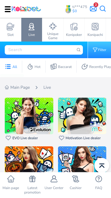 Casino mobile Konibet avec croupier en direct