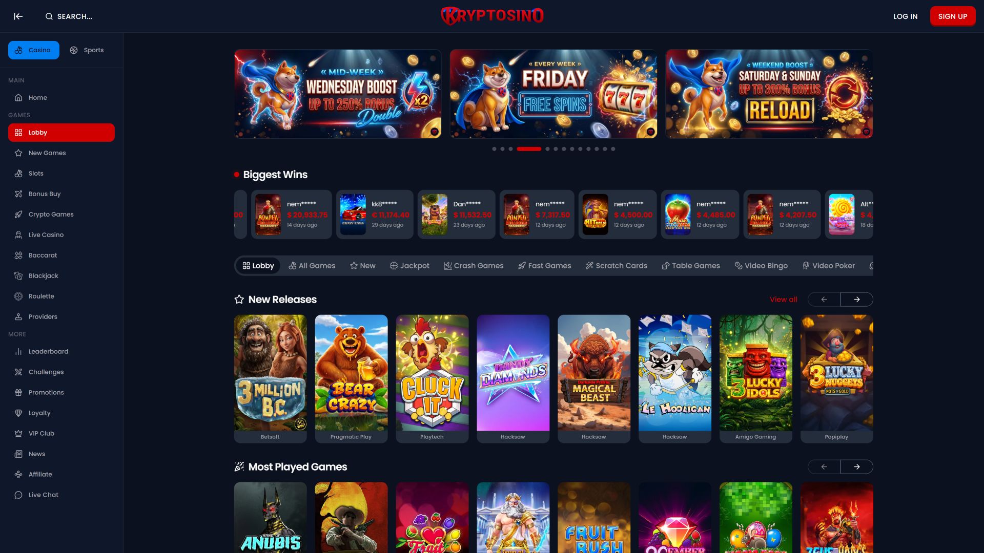 Page d'accueil du casino Kryptosino pour ordinateur
