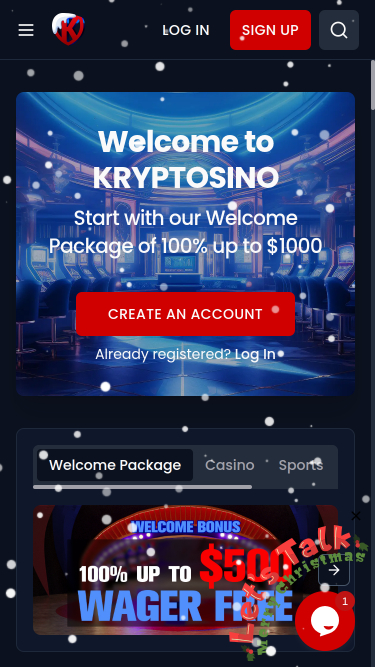 Homepage mobile del casinò Kryptosino