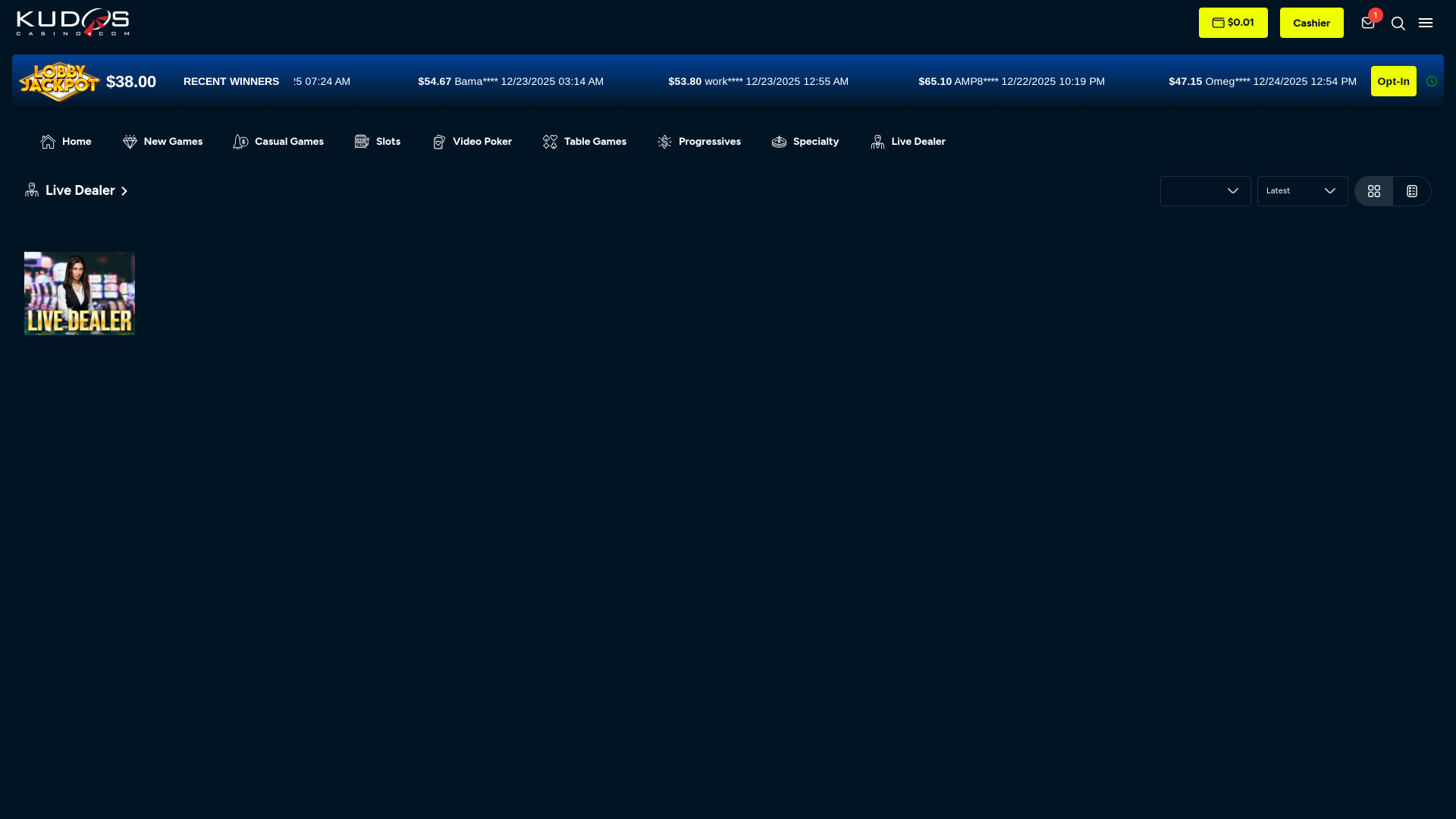 Kudos Casino sur ordinateur avec croupier en direct